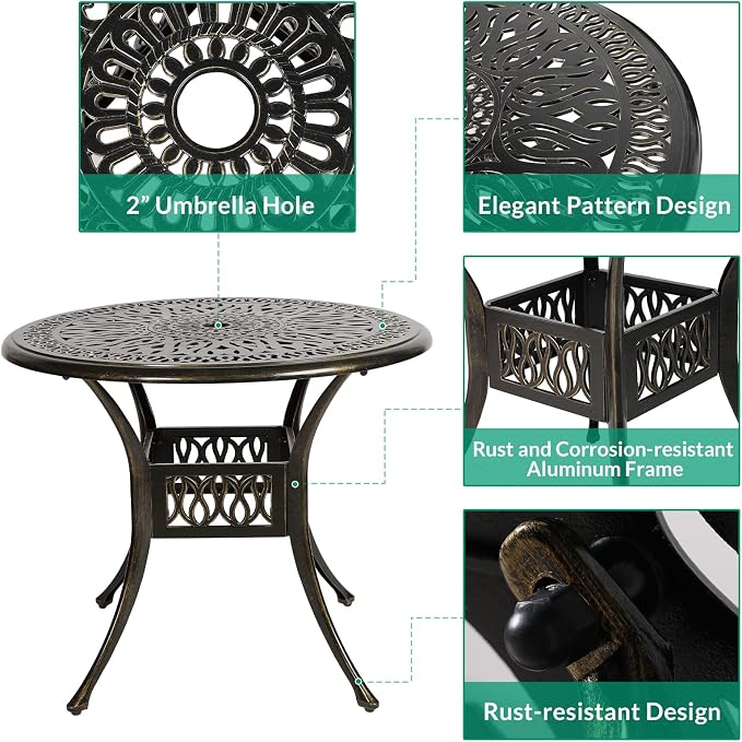 VIVIJASON 3-Piece Outdoor Patio Bistro Set, All-Weather Cast Aluminum Furniture Dining Sets Include 2 Cushioned Chairs and 35.4" Round Table w/Umbrella Hole for Balcony, Lawn, Ocean Blue Cushion