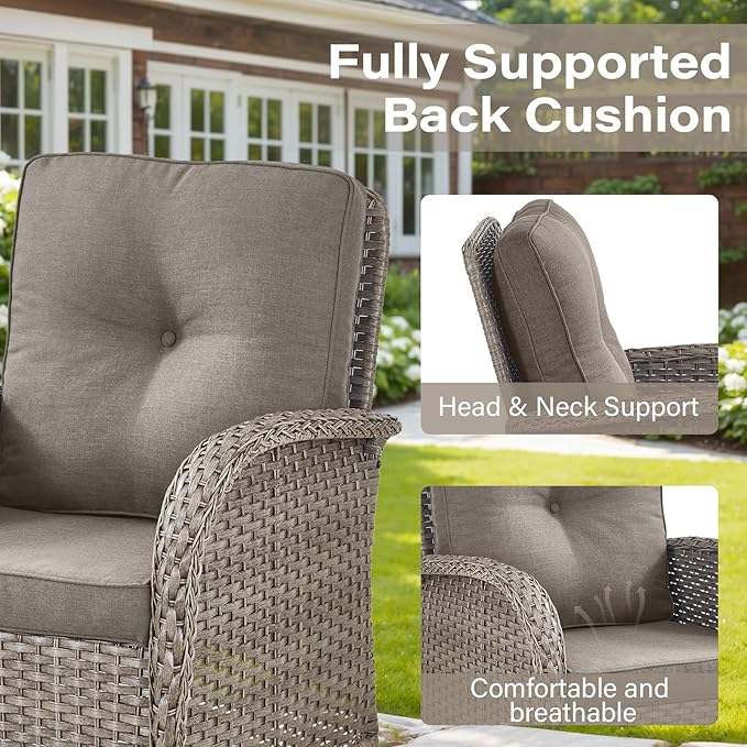 Belord 5 Piece Swivel Rocker Glider Outdoor Chairs Set of 2 with Ottoman and Glass Side Table Patio Bistro Furniture Set, Comfort High Back Wicker Patio Conversation Set for Deck Porch Sunroom