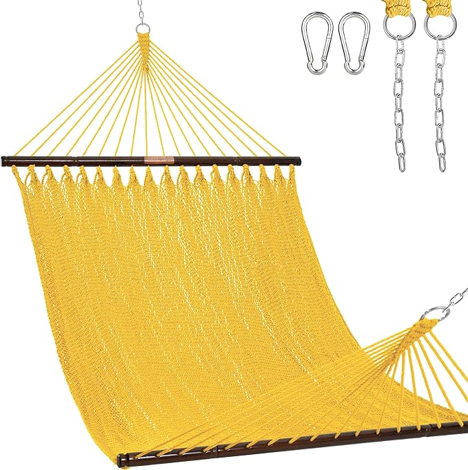 Lazy Daze Hammocks 10.5 FT Double 2 Person Caribbean Rope Hammock, Hand Woven Polyester Hammock with Spreader Bars, for Outside Outdoor Backyard Patio Poolside, 450 LBS Capacity, Yellow