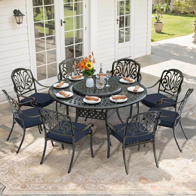 9-Piece Patio Furniture Dining Set, All Weather Cast Aluminum Outdoor Conversation Set- 61" Round Patio Dining Table with Detachable Lazy Susan & 8 Cushioned Chairs, Umbrella Hole, Navy Blue