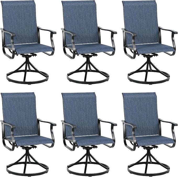 Crownland Outdoor Swivel Dining Chair Set of 6, All Weather 360° Swivel Rocking High Back Model Patio Dining Chairs, Textilene Fabric Wrought Iron Dining Chair Set for Backyard, Lawn, Garden(Blue)