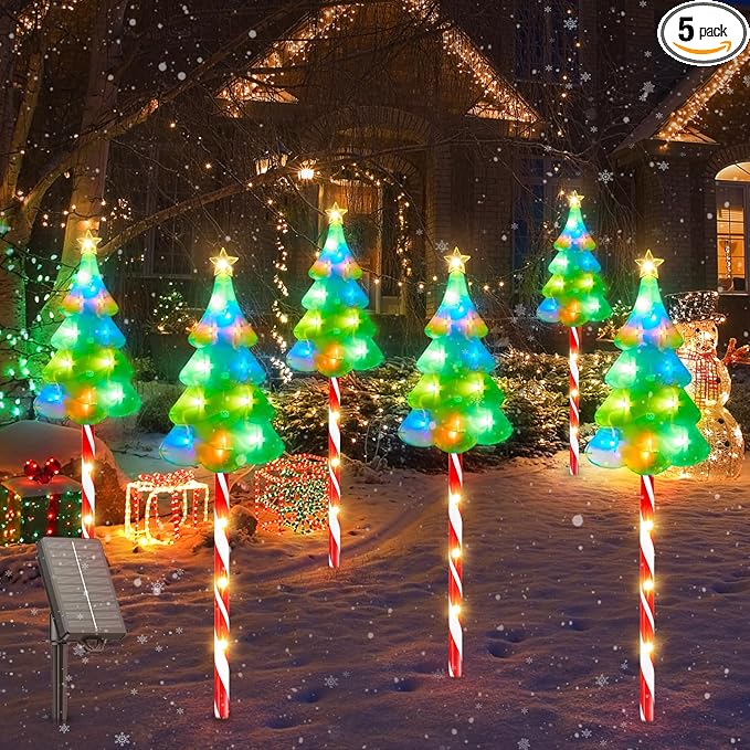 ELECLINK 25" Larger Outdoor Christmas Decorations, 5 Pack Colorful Solar Candy Cane Christmas Tree Lights with 10 Lighting Modes and Bright 86 LED, Waterproof Solar Christmas Tree for Pathway Yard