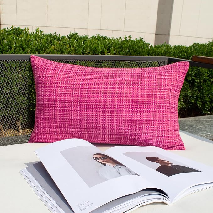 Kevin Textile Outdoor Waterproof 12"x20" Pillow Covers 2 Pack, Hot Pink | Water Resistant, Faux Linen Yarn-dyed, Woven Texture Throw Pillow Covers for Tent Patio Garden Couch Sofa