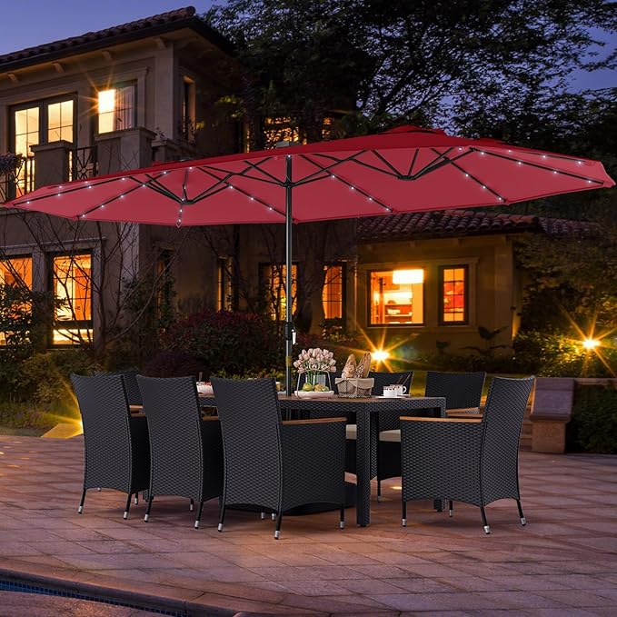 Tangkula 11 Pieces Patio Dining Set with Double-Sided Led Patio Umbrella (Base Included), with 8 Stackable Chairs, Acacia Wood Dining Table and Large Umbrella with Solar Lights (Burgundy + Off White)