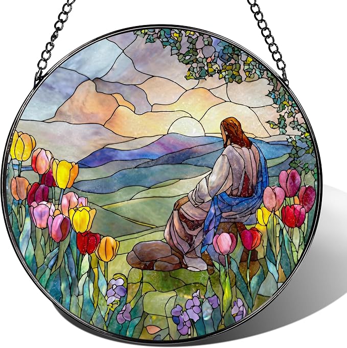 Stained Glass Suncatcher, Jesus and Sunrise Sun Catcher Ornament; Stained Glass Window Hanging, Christmas Ornament, Christian Home Decor; Baptism Gift, Christian Gifts, Religious Gifts