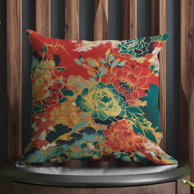 Animal Tiger Stripe Colorful Chinoiserie Pillowcase Peony Floral Asian Cushion Cover 18x18 INModern Accent Throw Pillow Covers Farmhouse Decorative for Bedroom Sofa Bench Porch