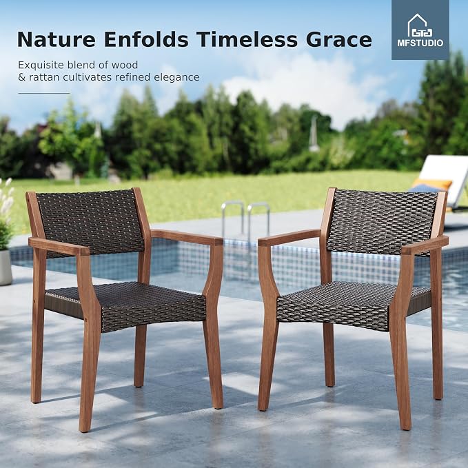 MFSTUDIO Teak Outdoor Dining Set for 6, Outdoor Wood Table and Chairs, Patio Expandable Dining Table with Rattan Chairs, 7 Pieces Wood Outdoor Patio Dining Furniture Set