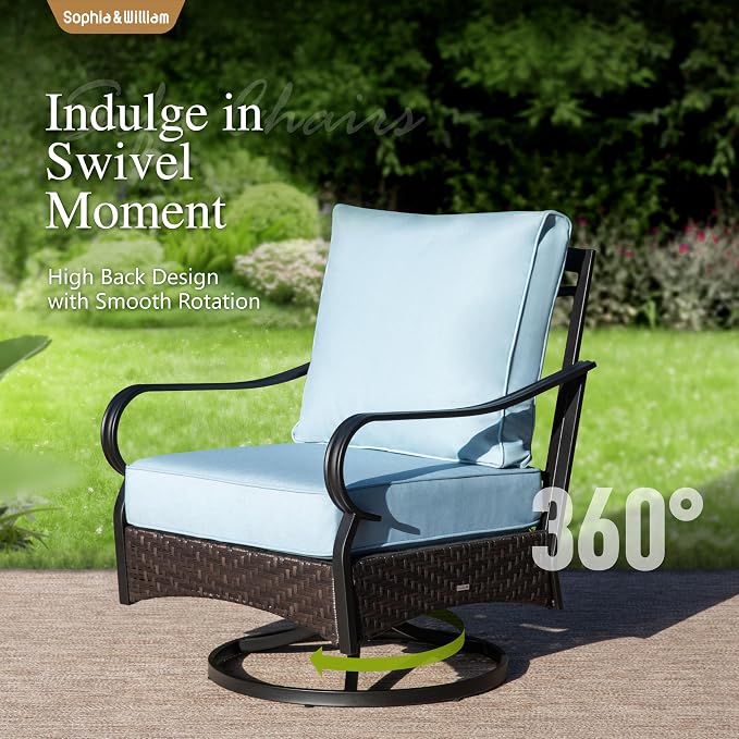 Sophia & William Patio Furniture Set with 56" Fire Pit Table, Metal Outdoor Conversation Set Patio Sectional with 3-Seater Sofas, 2 Swivel Chairs, 2 Ottomans, 1 Firepit Table for Porch Deck, Blue