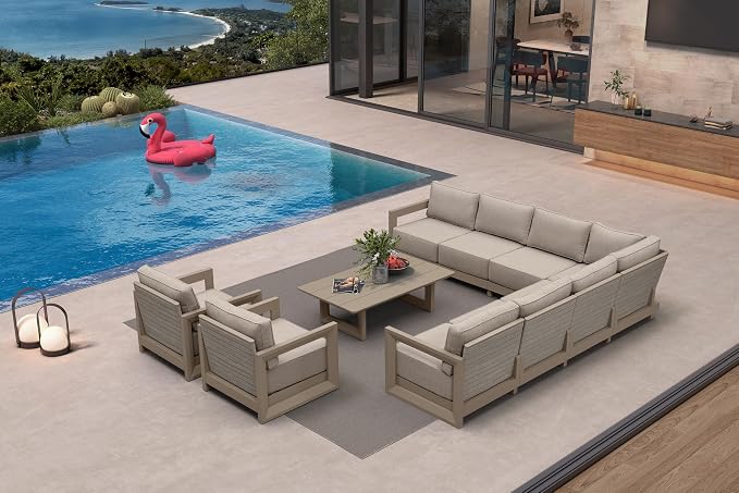 PURPLE LEAF Patio Furniture Set Open-End Outdoor Couch with 9.6" Thick Cushion and Soft Pillows 10 Piece Outdoor Sectional Sofas with Table Modern Outdoor Conversation Sets for Yard Porch Deck, Khaki