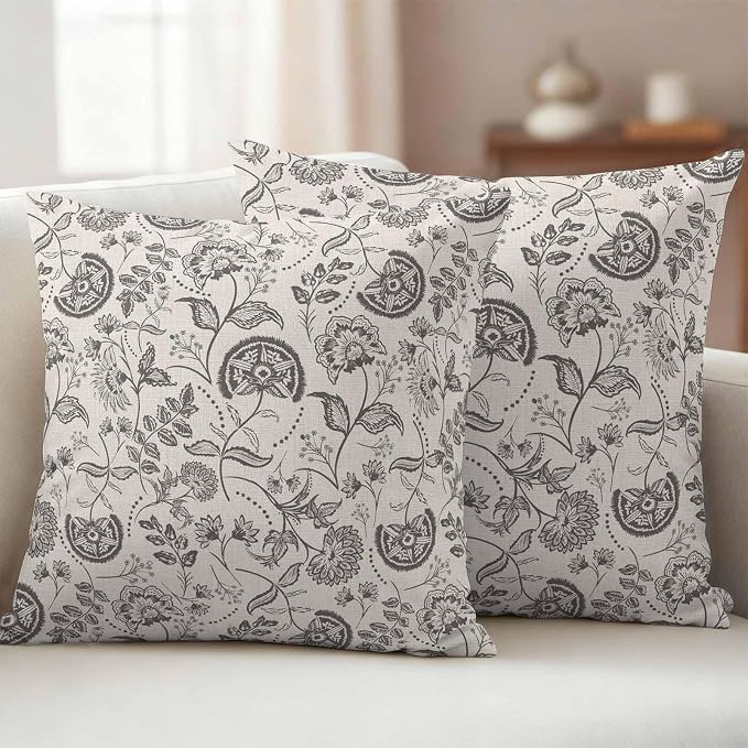 Outdoor Pillow Covers 24x24 Set of 2, Grey Paisley Waterproof Patio Throw Pillow Covers for Couch Sofa Chair, Boho Flower Botanical Leaf Branch Decorative Pillowcases for Throw Pillows