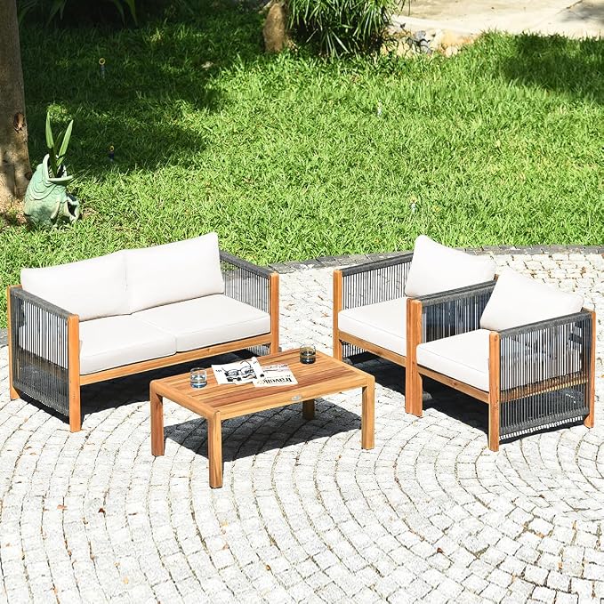 Tangkula Outdoor Wood Furniture Set with 2 Set Cushion Covers, 4 Pieces Cushioned Patio Conversation Set, for Garden Balcony Poolside Outdoor Living (1, WH-RE)