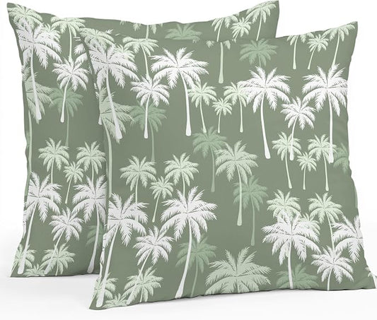 Throw Pillow Covers 20x20 Inch Set of 2, Tropical Palm Tree Waterproof Outdoor Pillow Covers, Olive Green Plants Coastal Leaf Beach Decorative Cushion Pillowcases for Couch, Sofa, Bed, Garden, Patio
