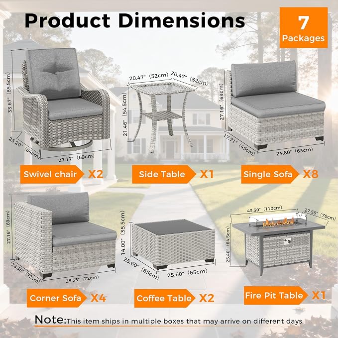 14-Seat Outdoor Wicker Patio Furniture Set with Fire Pit Table, Modular Rattan Sectional Sofa & 2 Swivel Rocking Chairs, 4" Thick Cushions, Rust-Resistant Frame,Gray