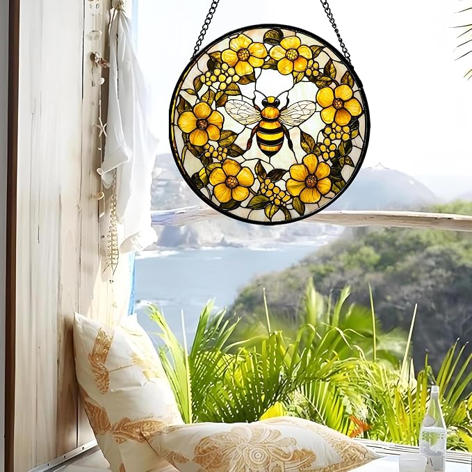 Stained Glass Window Hanging - Yellow Flowers Surrounded by Bees Sun Catcher for Door Garden Home Decor Cute Suncatcher Christmas Mother's Day Birthday Gifts for Women Men Mom Nana 7.8 in