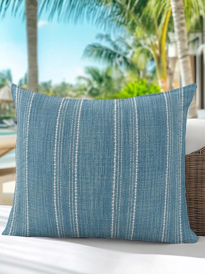 Vandarllin Waterproof Outdoor Pillow 1 Pack Coastal Blue Linen Stripes Decorative Throw Pillows Cover & Insert 16x16 Inch Pillowcase Parallel Vertical Lines Pillows for Couch Sofa Bed Patio Furniture