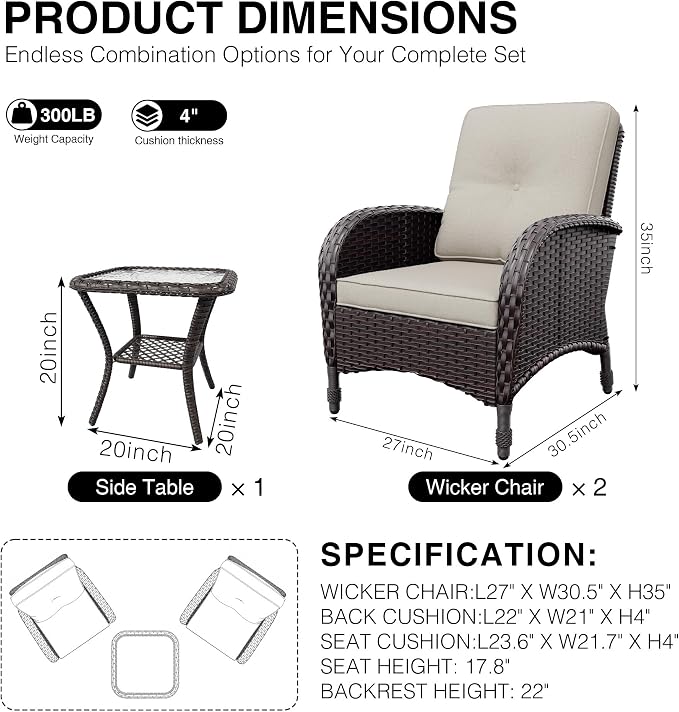 Joyside Wicker Patio Chairs, 3 Piece Rattan Outdoor Furniture with Thickened Cushions, High Back, Deep Seating, Wide Armrest, Outdoor Chairs for Porch, Deck