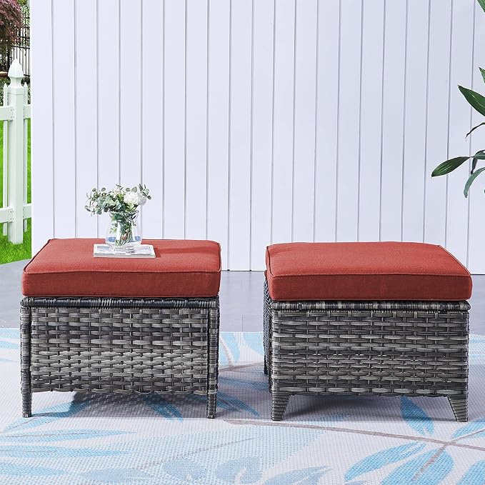 Rilyson Luxury Outdoor Wicker Patio Ottomans Set of 2, 250 lbs Capacity Rattan Large Ottomans for Patio Footrest Set 22.8in*22.8in*14in with 3.5in Thick Cushion (Mixed Grey/Red)