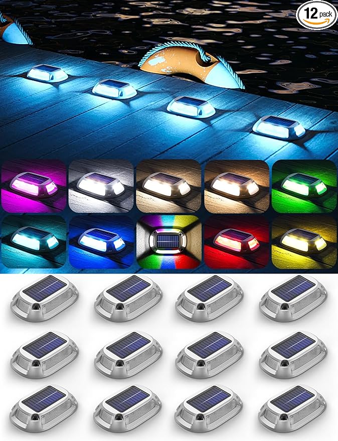 12Pack Aluminum Alloy Solar Driveway Lights, IP68 Solar Deck Light Marine Dock Lights Outdoor Waterproof, Multi-color LED Driveway Markers for Walkway, Path Decor [12Modes - Strobe/RGB/Fix-color]