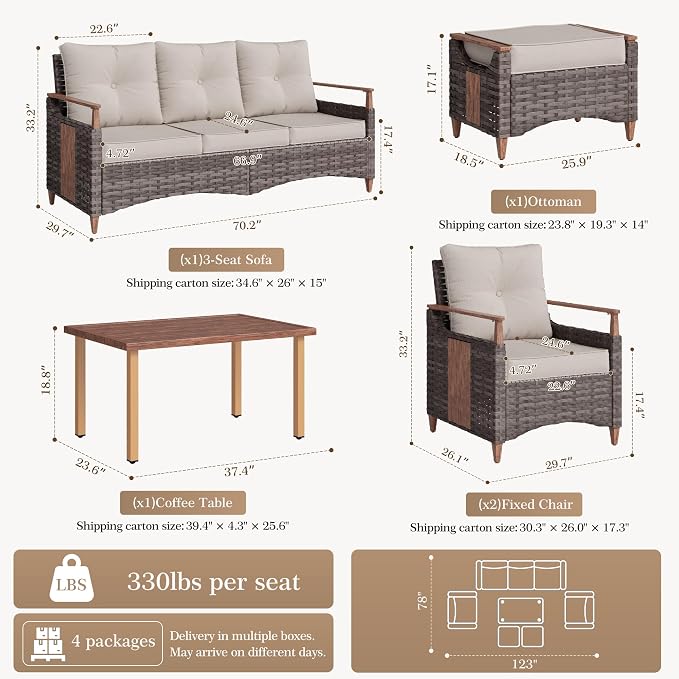 NestNook 6 Pieces Patio Furniture Set, Outdoor Conversation Set with All-Weather Handwoven PE Wicker Sofa, Rattan Chairs and Thick Cushion, Coffee Table & Ottoman for Backyard, Deck & Poolside, Beige