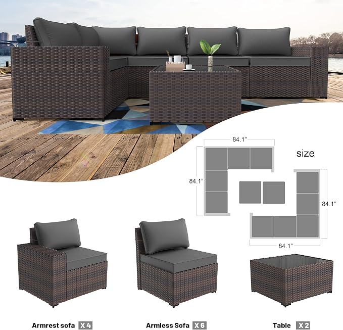 Kullavik Outdoor Patio Furniture Set,12 Pieces Sectional Rattan Sofa Set Brown PE Rattan Wicker Patio Conversation Set with 10 Seat Cushions and 2 Tempered Glass Coffee Table,Grey