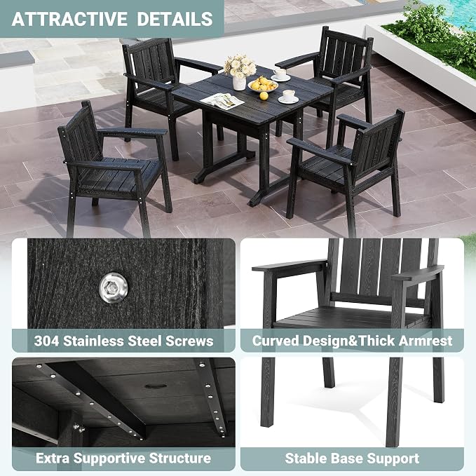 Pamapic 5 PCS Outdoor Dining Set, Spacious HDPE Outdoor Table and Chairs, Wood Grain Patio Furniture Sets with Elegant Armrest, All-Weather Patio Dining Table with Umbrella Hole, Black