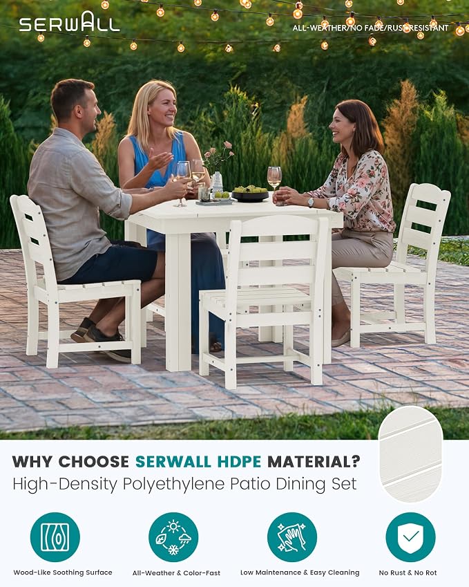 SERWALL Outdoor Dining Set for 4, HDPE Square Table and Chairs Set All Weather Patio Dining Set with 4 Armless Chairs for Patio, White
