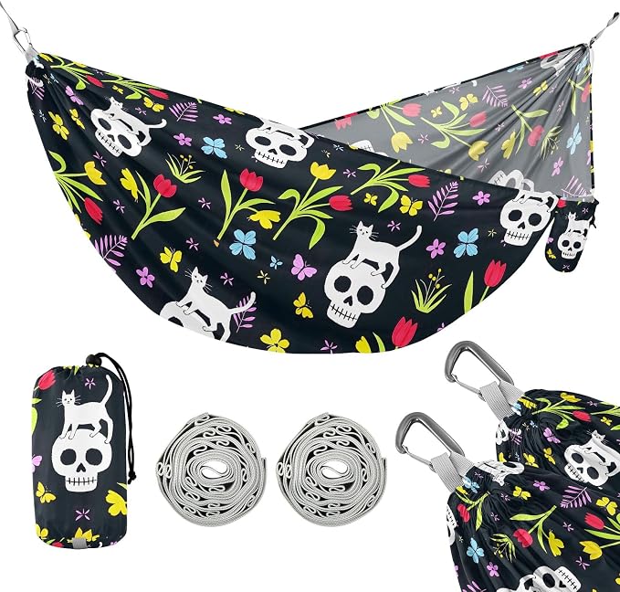 Camping Hammock Outdoor Hammocks for Outside Skull Cat Tulip Flower Beach Trees Portable Lightweight with Pockets Tree Straps Indoor