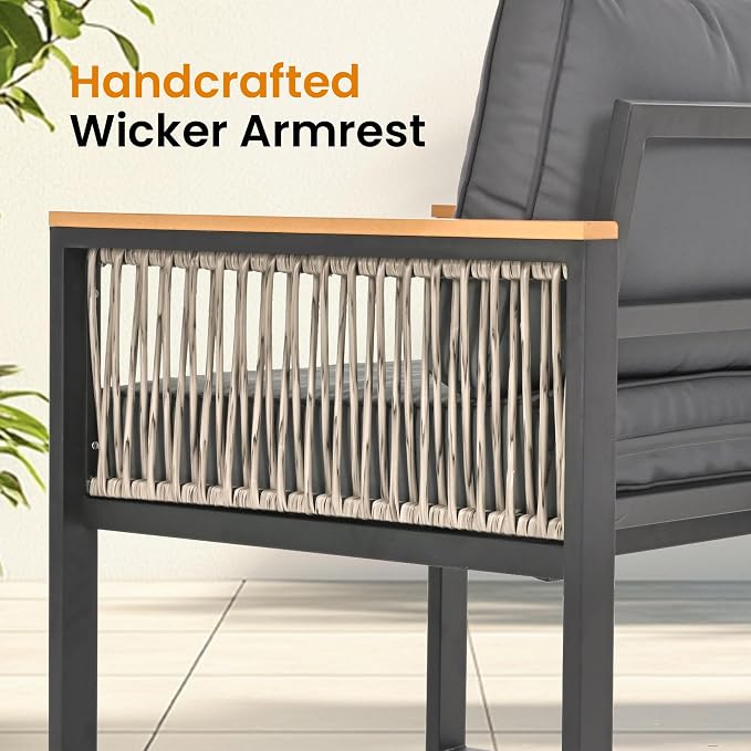 Pamapic 6 Pieces Outdoor Patio Furniture Set with Wicker Handrails, Plastic-Wood Balcony Furniture with Wicker Arm Panel, All-Weather Metal Patio Conversation Sets with Cushion and Coffee Table