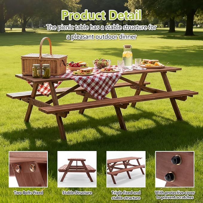94.5'' Large Outdoor Dining Table, Rectangular Wooden Patio Dining Table & 2 Built-in Bench for 12, 2" Umbrella Hole, Suitable for Backyard Garden Porch, Brown