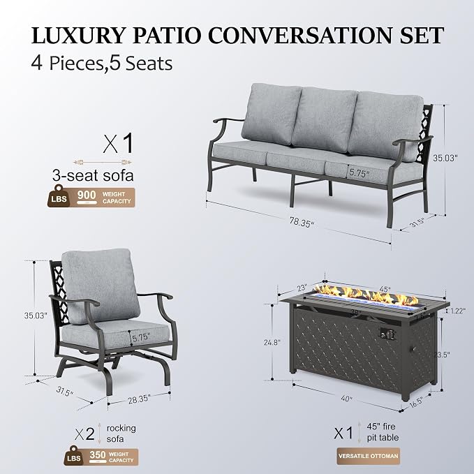 HERA'S HOUSE 4 Pieces Patio Furniture Set with Fire Pit Table, 2 x Rocking Chair, 3-Seat Sofa with 45" Fire Pit Table, Outdoor Conversation Set for Garden Poolside Backyard, Grey