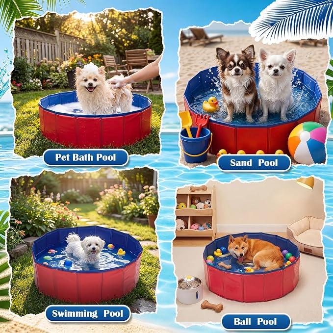 Chunful Red Foldable Dog Pool with Storage Bag, Pet Swimming Pool Hard Plastic Portable Bath Tub for Dogs, Cats, Backyard, Beach, and Summer Play, Indoor & Outdoor Use (24" X 8")