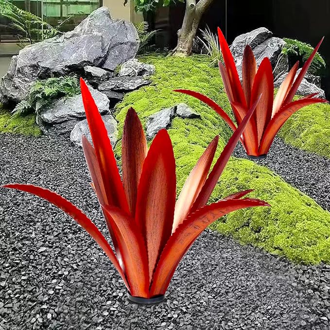 TOMBABY Enlarge Thickened Wind Resistant Metal Agave Garden Art Metal Plant Country Garden Sculpture Statue Outdoor Decoration Agave Metal Plant Courtyard Lawn Ornament Gift (2, 12 Leaves red)