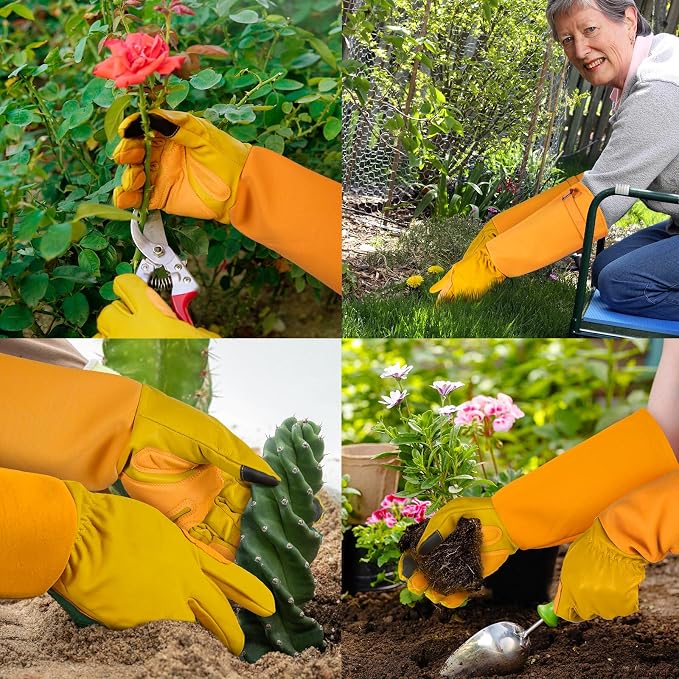 Gardening Gloves for Women Men, Long Thorn Proof Rose Pruning Glove | Womens Long Leather Garden Glove, Heavy Duty Gauntlet, Work Glove for Weeding, Yard Planting, Best Garden Gifts for Gardener