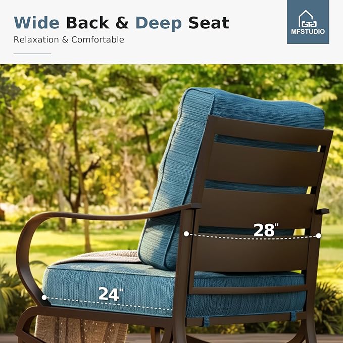 MFSTUDIO 6 Pieces Metal Patio Furniture Sets, 2 Swivel Chairs, 3-Seat Loveseat Sofa, 2 Patio Chairs & 1 Marbling Coffee Table, All Weather 7 Seats Outdoor Conversation Set for Garden, Peacock Blue