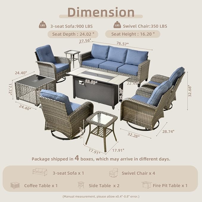 CAODOC 9 Pieces Outdoor Furniture,Patio Furniture with 54" Fire Pit Table,Wicker Conversation Set for Balcony,Deck,Pool and Backyard(Blue)