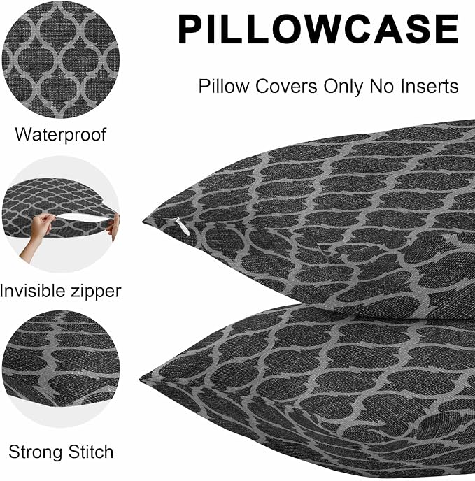 Black Morocco Outdoor Pillow Covers 20x20 Inch Throw Pillow Covers Set of 2 Waterproof Decorative Pillow Cases Boho Vintage Quatrefoil Geometric Plaid Cushion Covers for Patio Furniture Garden Couch