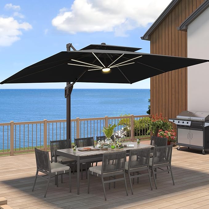 9 X 12 FT Cantilever Outdoor Patio Umbrella with Led Lights Heavy Duty Windproof Double Top Large Rectangle Offset Umbrellas with 360-degree Rotation for Garden Pool Deck Backyard, Black