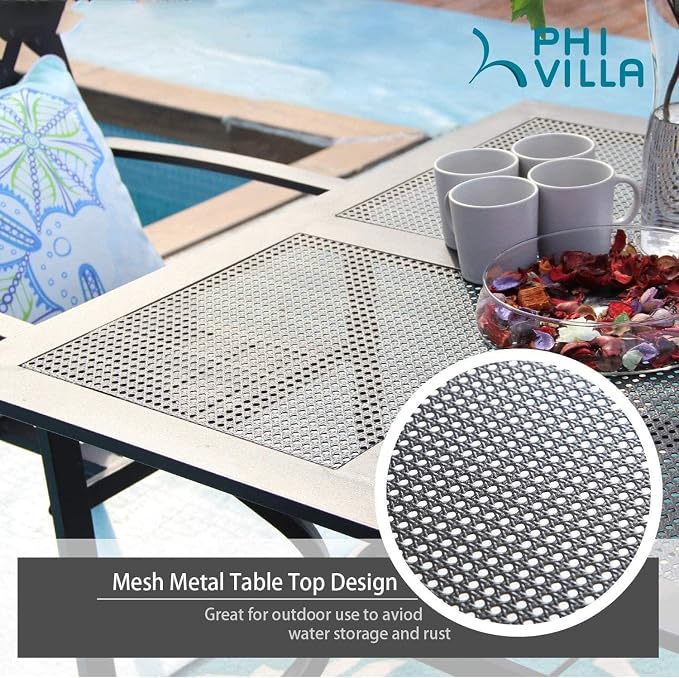 PHI VILLA Patio Dining Set for 4, Stackable Chairs& Square Metal Table | 37" Black Table&Stackable Wrought Iron Chairs,Outside Furniture Set for Deck, Porch, Backyard
