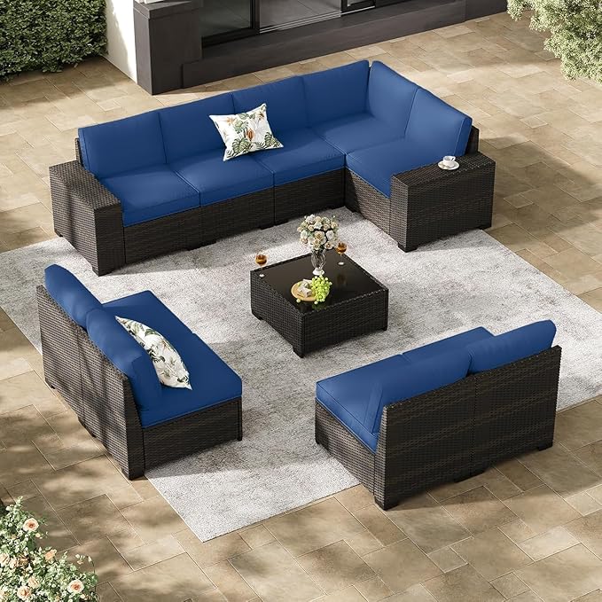 10-Piece Outdoor Patio Furniture Set with PE Wicker Sectional Sofa, Removable Cushions, Glass Coffee Table, Left and Right Armrest Rattan Conversation Set for Garden, Porch, Deck, Backyard(Blue2)