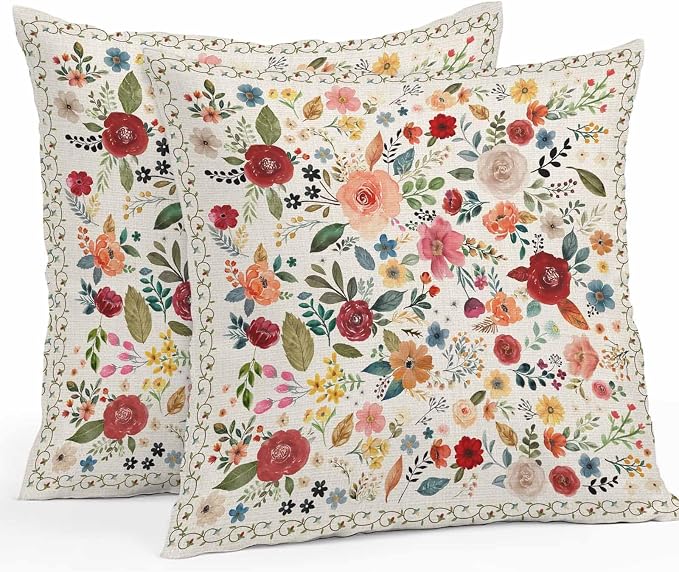 Vandarllin Outdoor Throw Pillows Covers 20x20 inch Set of 2 Waterproof Beige Floral Decorative Zippered Cushion Covers for Patio Furniture, Farmhouse Vintage Flower Lumbar Pillowcases