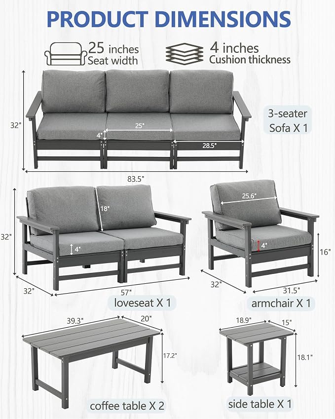 HDPE Outdoor Patio Furniture Set, 9-Piece Sofa Set with 3-Seat Couch, Loveseat Sofa, Armchair,Side Table & 2 Coffee Tables, Weatherproof Conversation Set with Cushions,for Garden, Porch & Backyard