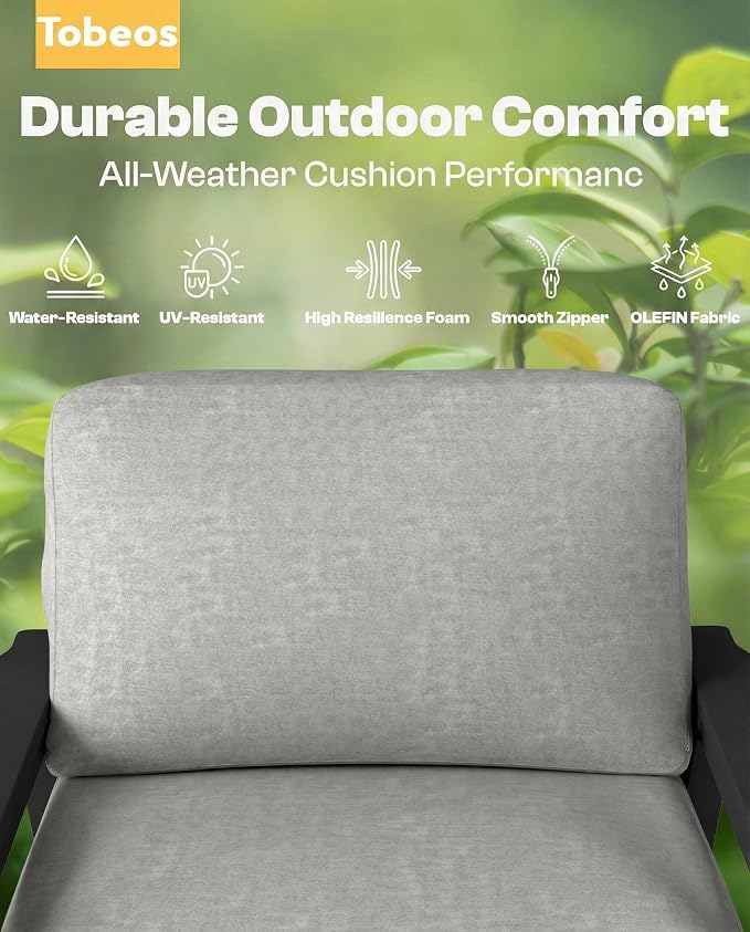 2 Piece HDPE Outdoor Furniture Set with Gray Cushions (Black Frame) | All-Weather HDPE, Modular Design, Extra-Deep Seating, Thick Cushions, Ideal for Backyard, Deck & Porch