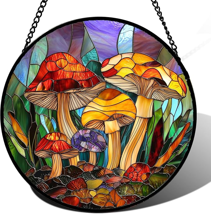 DASTOLL Stained Glass Window Hanging, Jungle Mushrooms Sun Catchers Diamond Glass Panel Hangings Plant Suncatcher Decor for Birthday for Women, Men, Wife, Aunt, and Mom 14.9x14.9 in
