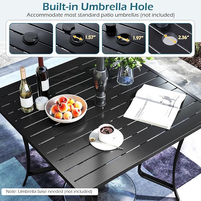 Tangkula 5 Pieces Patio Dining Set for 4, Outdoor Square Table and Stackable Chairs with Umbrella Hole, Outside Furniture Set for Backyard, Garden and Deck (37",Black)