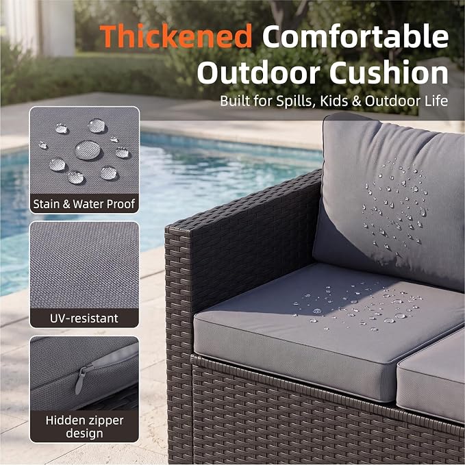 LazySunsets 7-Piece Outdoor Patio Furniture Set, Rattan Outdoor Sectional with Thick Waterproof Cushions, Wicker Ottomans & Waterproof Cover, Patio Conversation Set for Garden, Backyard,Grey