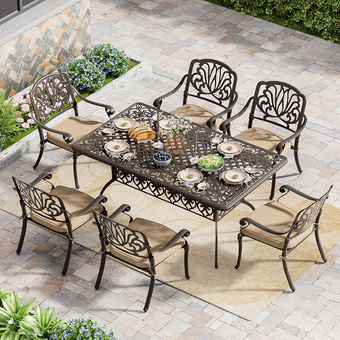 Grepatio 7 Piece Cast Aluminum Patio Dining Set, Outdoor Dining Furniture Set, Patio Table with Umbrella Hole and 6 Dining Chairs with 6 Cushions for Poolside Garden (Khaki)