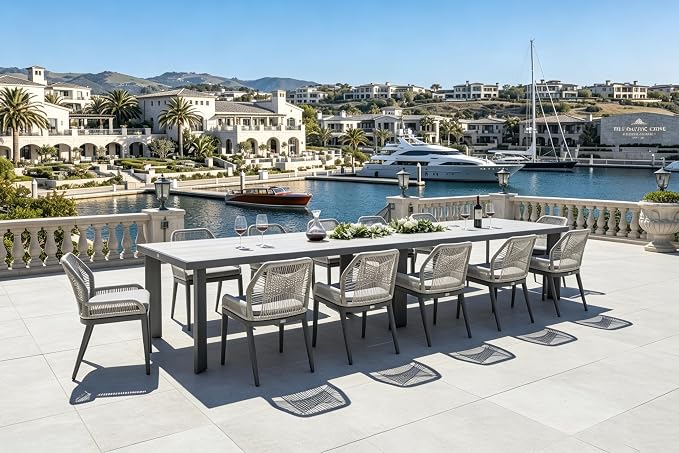 PURPLE LEAF 13 Pieces Patio Dining Set Aluminum Rectangular Table and Wicker Chairs with Cushions for Kitchen Porch Garden Modern Outdoor Furniture Sets, Beige and Dark Grey