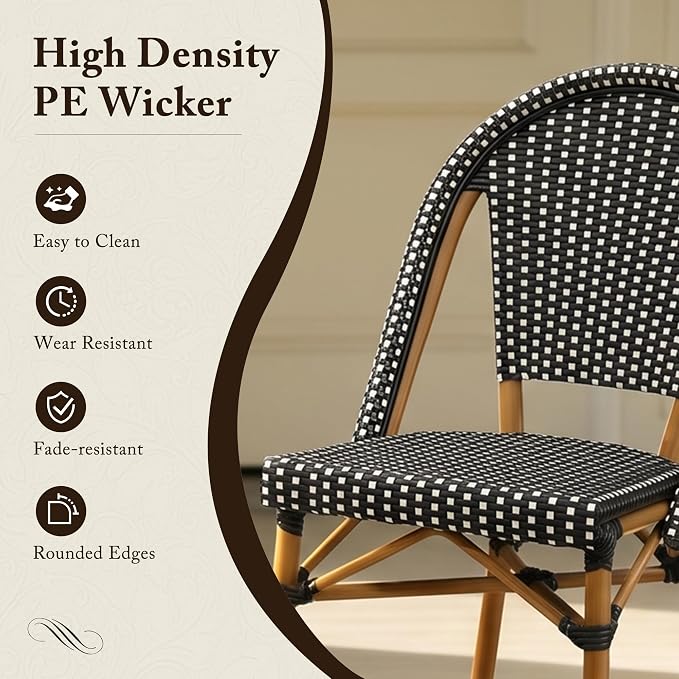 PURPLE LEAF 3-Piece French Bistro Dining Set Square Outdoor Patio Table and 2 Armless Chairs Tempered Glass Top PE Rattan Bamboo Print Finish Aluminum Frame Black