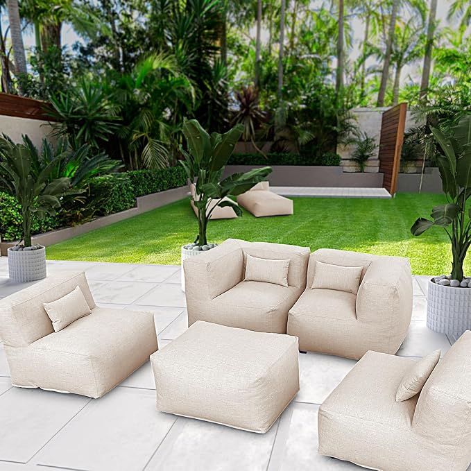 Patio Furniture Set Bean Bag Chairs Calaluna 5PC Outdoor Chairs Sectional Conversation Patio Set Daybed Furniture Outdoor Sofa Couch High Density Foam Filling Modern Comfy Patio Couch (Light Beige)