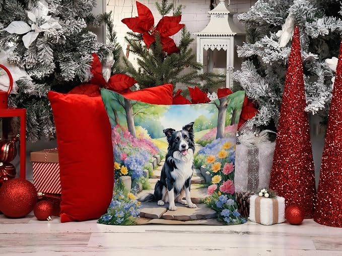 Caroline's Treasures Border Collie Spring Path Throw Pillow Machine Washable, Indoor Outdoor Decorative Pillow for Couch, Bed or Patio, 14Hx14W